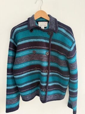 WondraWool Striped Knit Button-Up Cardigan - Teal & Navy